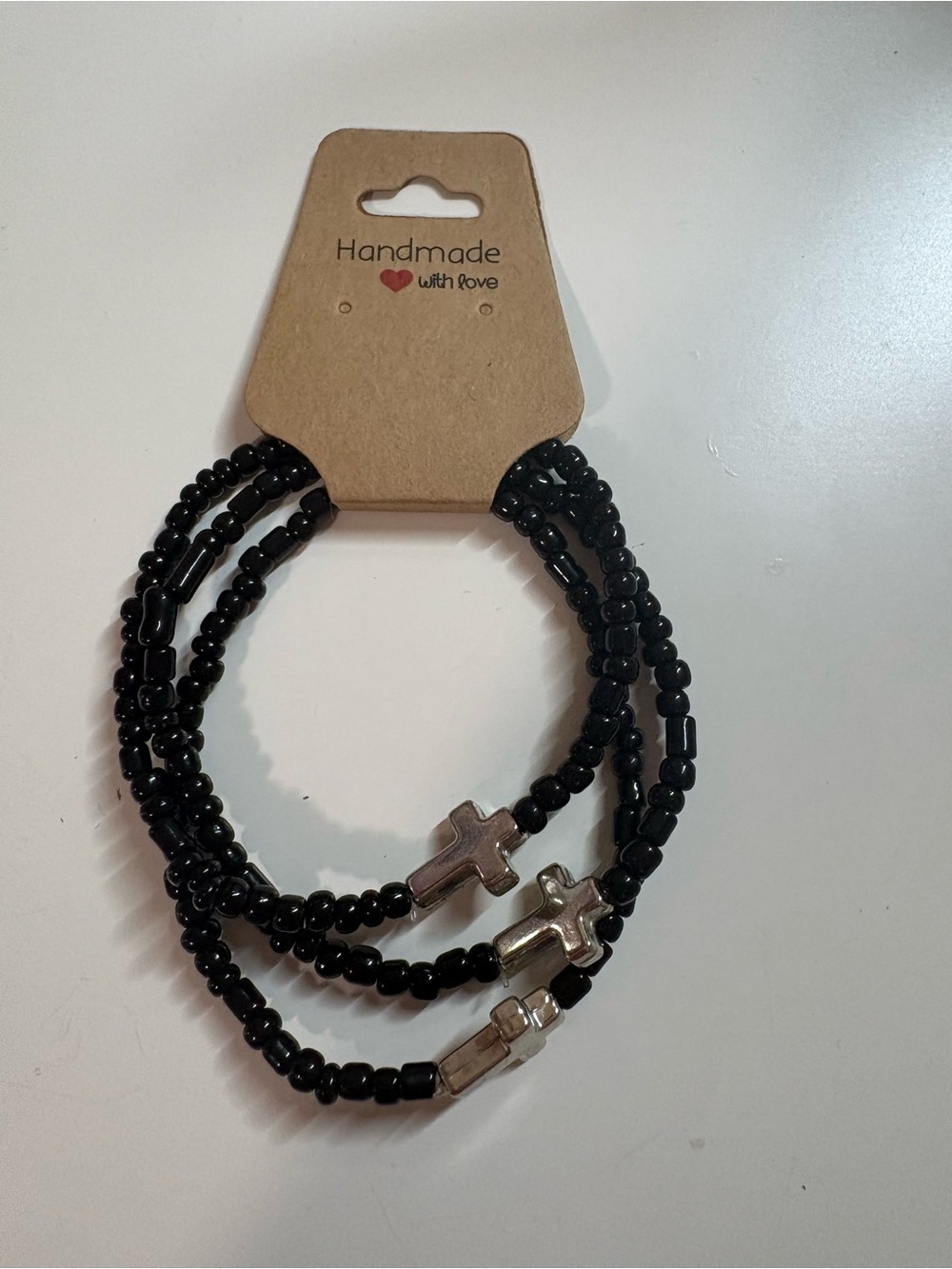 Handmade Black Beaded Cross Bracelet Set
